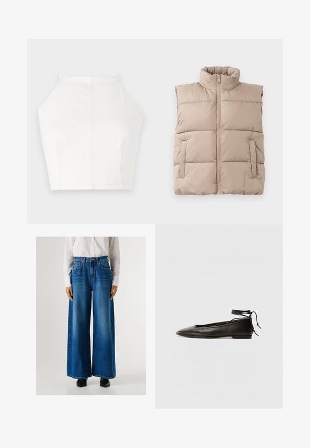 Beesvärvitud pehmendatud ilma varrukateta vest kõrge kraega, esi tõmblukk ja kaks külgtaskut, lamab tasaseks valge tausta peal.; Valge lühike halter-top õhukeste rihmadega, minimaalse õmbluse detailiga ja siledalt tekstuuriga. Lihtne, puhas disain, millel on kergelt vabam istuvus.; Sinine laiemate säärega teksapüksid kõrge vöökohaga, valmistatud denimist, kus on ees taskud ja nööbiga kinnitamine. Sile tekstuur klassikalises pesus.; Must mustast balletijalatsid, millel on terav nina, pahkluu seotud ja lame tall, sujuva tekstuuri ning minimalistlik disain.