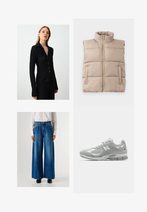 Beige gewatteerde mouwloze vest met hoge kraag, ritssluiting aan de voorkant en twee zijzakken, plat gelegd op een witte achtergrond.; Zwarte button-up shirt van een gestructureerde stof, met lange mouwen en een kraag. Voorzien van kleine gouden knopen en een getailleerd ontwerp.; Blauwe wijde jeans met een hoge taille, gemaakt van denim, met voorzakken en een knoopsluiting. Soepele textuur met een klassieke wassing.; Lichtgrijze New Balance 2002R sneaker met een bovenwerk van suede en mesh, witte accenten, een gevoerde zool en zichtbare dempingstechnologie.