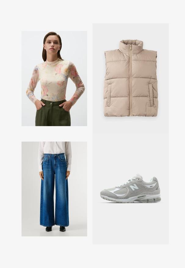 Beige gesteppte ärmellose Weste mit hohem Kragen, Frontreißverschluss und zwei Seitentaschen, flach auf einem weißen Hintergrund ausgelegt.; Blumenmuster-Oberteil mit langen Ärmeln aus transparenter Stoff. Sanfte Pastellfarben mit rosa, blauen und gelben Blumen. Hochgeschlossener Schnitt mit enganliegendem Design und glatter Textur.; Blaue Schlagjeans mit hoher Taille, aus Denim gefertigt, mit Fronttaschen und Knopfverschluss. Glatte Textur mit klassischer Waschung.; Die hellgraue New Balance 2002R Sneaker verfügt über ein Obermaterial aus Wildleder und Mesh, weiße Akzente, eine gepolsterte Sohle und sichtbare Dämpfungstechnologie.