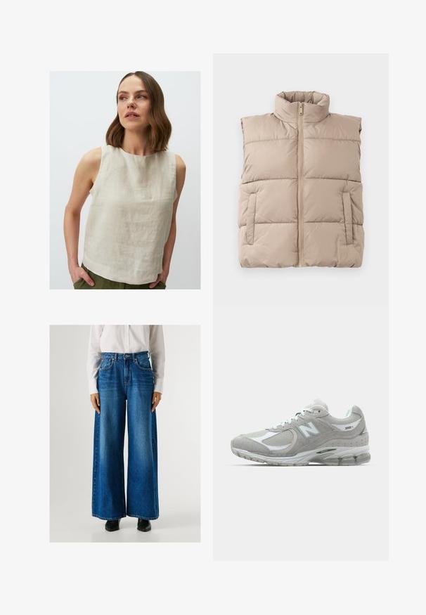 Beige gesteppte ärmellose Weste mit hohem Kragen, Frontreißverschluss und zwei Seitentaschen, flach auf einem weißen Hintergrund ausgelegt.; Jimmy Key ROUND NECK SLEEVELESS - Bluse - taş; Blaue Schlagjeans mit hoher Taille, aus Denim gefertigt, mit Fronttaschen und Knopfverschluss. Glatte Textur mit klassischer Waschung.; Die hellgraue New Balance 2002R Sneaker verfügt über ein Obermaterial aus Wildleder und Mesh, weiße Akzente, eine gepolsterte Sohle und sichtbare Dämpfungstechnologie.