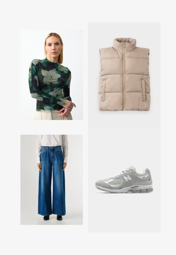 Beige gewatteerde mouwloze vest met hoge kraag, ritssluiting aan de voorkant en twee zijzakken, plat gelegd op een witte achtergrond.; Langarmshirt van een doorschijnende, lichte stof met een donkere achtergrond en grote witte en groene bloemenpatronen. Hoge halslijn en strakke pasvorm.; Blauwe wijde jeans met een hoge taille, gemaakt van denim, met voorzakken en een knoopsluiting. Soepele textuur met een klassieke wassing.; Lichtgrijze New Balance 2002R sneaker met een bovenwerk van suede en mesh, witte accenten, een gevoerde zool en zichtbare dempingstechnologie.