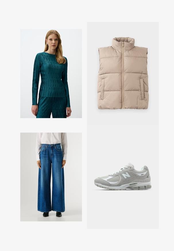 Beige gesteppte ärmellose Weste mit hohem Kragen, Frontreißverschluss und zwei Seitentaschen, flach auf einem weißen Hintergrund ausgelegt.; Türkises Langarmshirt mit einem strukturierten, gestreiften Muster und einem Rundhalsausschnitt, kombiniert mit passenden, strukturierten Hosen aus demselben Material.; Blaue Schlagjeans mit hoher Taille, aus Denim gefertigt, mit Fronttaschen und Knopfverschluss. Glatte Textur mit klassischer Waschung.; Die hellgraue New Balance 2002R Sneaker verfügt über ein Obermaterial aus Wildleder und Mesh, weiße Akzente, eine gepolsterte Sohle und sichtbare Dämpfungstechnologie.