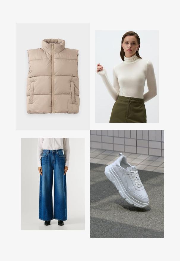 Beige padded sleeveless vest with high collar, front zipper, and two side pockets, laid flat on a white background.; Long-sleeve, cream turtleneck top made of lightweight fabric; fitted design with subtle sheen and extended sleeves; paired with olive green pants.; Blue wide-leg jeans with a high waist, made from denim, featuring front pockets and a button closure. Smooth texture with a classic wash.; White leather sneaker with a thick, textured rubber sole, featuring lace-up closure and stitching details. Rounded toe and ankle support design.
