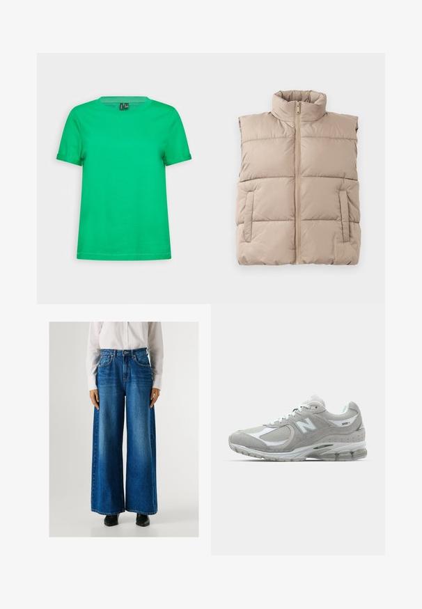 Beige padded sleeveless vest with high collar, front zipper, and two side pockets, laid flat on a white background.; Green cotton T-shirt with a crew neckline and short sleeves. Smooth texture, solid color, and a straight hemline. No patterns or hardware.; Blue wide-leg jeans with a high waist, made from denim, featuring front pockets and a button closure. Smooth texture with a classic wash.; Light gray New Balance 2002R sneaker features a suede and mesh upper, white accents, cushioned sole, and visible cushioning technology.