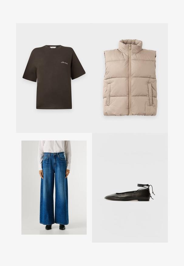 Beige polstret uten ermer vest med høyt krage, front glidelås og to sidelommer, lagt flatt på en hvit bakgrunn.; Brun bomull t-skjorte med korte ermer, avslappet passform, rund hals, med liten hvit brodert tekst på venstre bryst.; Blå vide jeans med højt liv, lavet af denim, med forlommer og knaplukning. Glat tekstur med klassisk vask.; Svarte lær balletflater med spiss tå, ankelbånd og flat såle, som har en glatt tekstur og minimalistisk design.