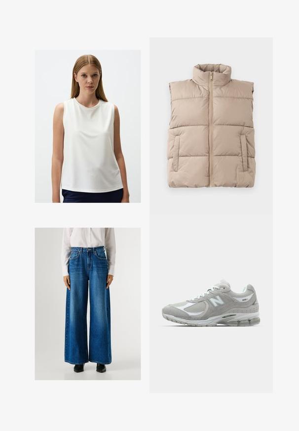 Beige gewatteerde mouwloze vest met hoge kraag, ritssluiting aan de voorkant en twee zijzakken, plat gelegd op een witte achtergrond.; Mouwloze witte top van zachte stof met een ronde halslijn, een gladde textuur, een ontspannen pasvorm en een licht gebogen zoom.; Blauwe wijde jeans met een hoge taille, gemaakt van denim, met voorzakken en een knoopsluiting. Soepele textuur met een klassieke wassing.; Lichtgrijze New Balance 2002R sneaker met een bovenwerk van suede en mesh, witte accenten, een gevoerde zool en zichtbare dempingstechnologie.