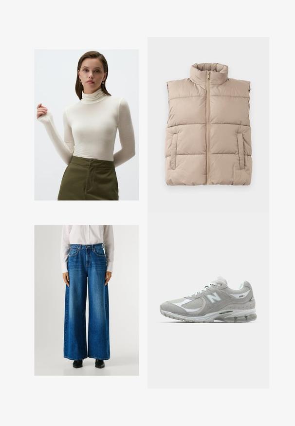 Beige gewatteerde mouwloze vest met hoge kraag, ritssluiting aan de voorkant en twee zijzakken, plat gelegd op een witte achtergrond.; Langsleeve, crèmekleurig coltrui gemaakt van lichtgewicht stof; aansluitend ontwerp met een subtiele glans en verlengde mouwen; gecombineerd met olijfgroene broeken.; Blauwe wijde jeans met een hoge taille, gemaakt van denim, met voorzakken en een knoopsluiting. Soepele textuur met een klassieke wassing.; Lichtgrijze New Balance 2002R sneaker met een bovenwerk van suede en mesh, witte accenten, een gevoerde zool en zichtbare dempingstechnologie.