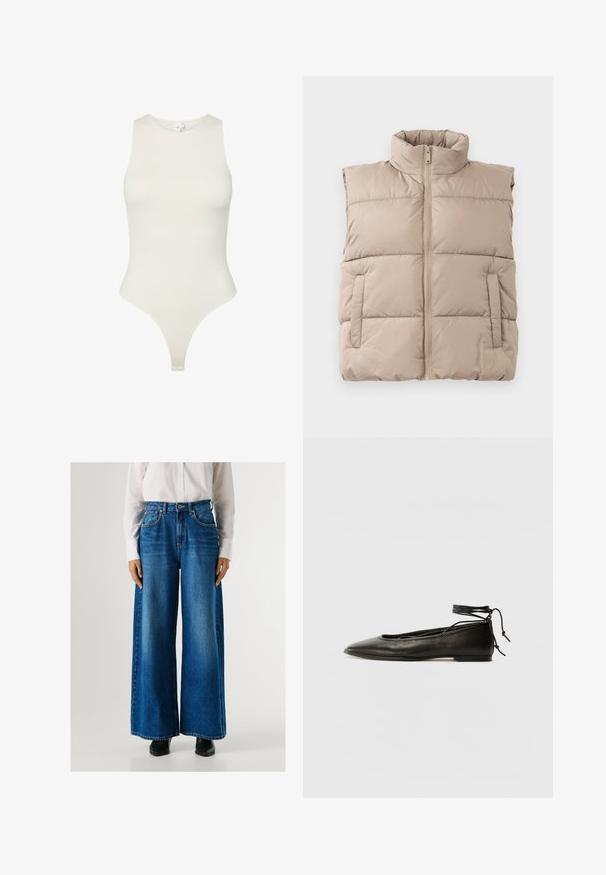 Beesvärvitud pehmendatud ilma varrukateta vest kõrge kraega, esi tõmblukk ja kaks külgtaskut, lamab tasaseks valge tausta peal.; Õlavarreteta bodysuit pehmest kreemjas kangas; sellel on kõrge kaelus, kehakujuline disain ja aluspükside lõige all. Sile tekstuur.; Sinine laiemate säärega teksapüksid kõrge vöökohaga, valmistatud denimist, kus on ees taskud ja nööbiga kinnitamine. Sile tekstuur klassikalises pesus.; Must mustast balletijalatsid, millel on terav nina, pahkluu seotud ja lame tall, sujuva tekstuuri ning minimalistlik disain.