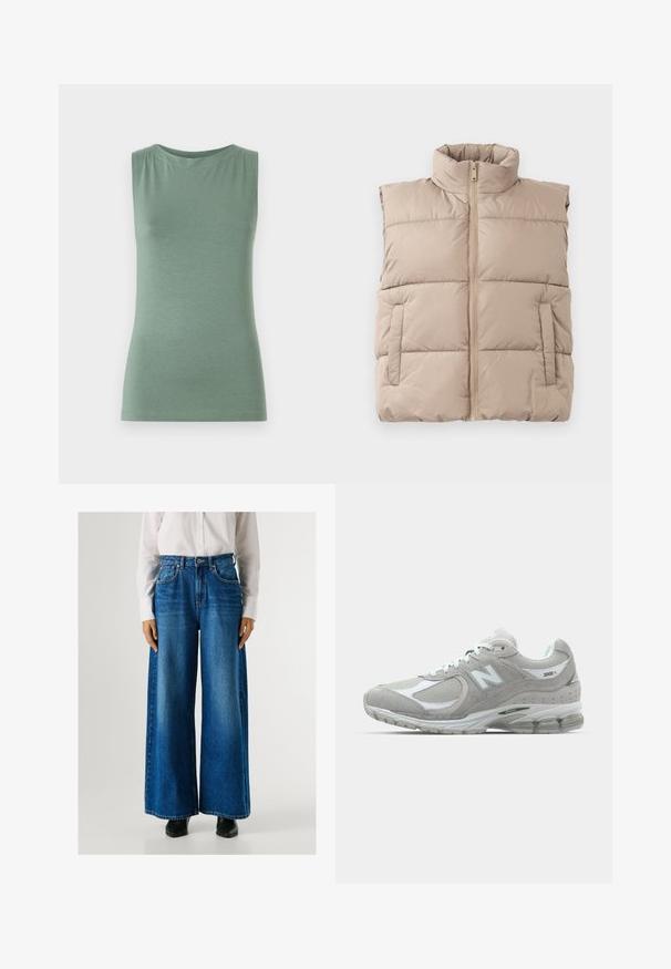 Beige, párnázott, ujjatlan mellény magas gallérral, elülső cipzárral és két oldalsó zsebbel, sík felületen, fehér háttér előtt.; Ujjatlan zöld felső, puha anyagból, kerek dekoltázzsal és testhezálló szabással. Minimalista dizájn, minta vagy díszítések nélkül.; Kék, magas derekú, bő szárú farmernadrág, elől zsebekkel és gombos záródással. Simogató textúra, klasszikus mosással.; A világosszürke New Balance 2002R sneaker velúr és hálós felsőrésszel, fehér részletekkel, párnázott talppal és látható párnázási technológiával rendelkezik.