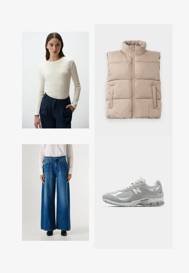 Gilet imbottito beige senza maniche con alto collo, zip frontale e due tasche laterali, posato su uno sfondo bianco.; Maglietta a maniche lunghe in crema con costine abbinata a pantaloni navy a vita alta, caratterizzati da un dettaglio con bottone e tasche laterali. Design pulito e testo liscio.; Jeans a gamba larga blu con vita alta, realizzati in denim, dotati di tasche anteriori e chiusura con bottone. Texture liscia con un lavaggio classico.; Sneaker New Balance 2002R grigio chiaro presenta una tomaia in suede e mesh, dettagli bianchi, suola ammortizzata e tecnologia di ammortizzazione visibile.