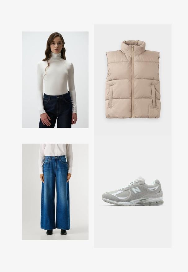 Beige padded sleeveless vest with high collar, front zipper, and two side pockets, laid flat on a white background.; White ribbed turtleneck top with long sleeves paired with high-waisted dark denim jeans featuring a button closure and orange stitching details.; Blue wide-leg jeans with a high waist, made from denim, featuring front pockets and a button closure. Smooth texture with a classic wash.; Light gray New Balance 2002R sneaker features a suede and mesh upper, white accents, cushioned sole, and visible cushioning technology.