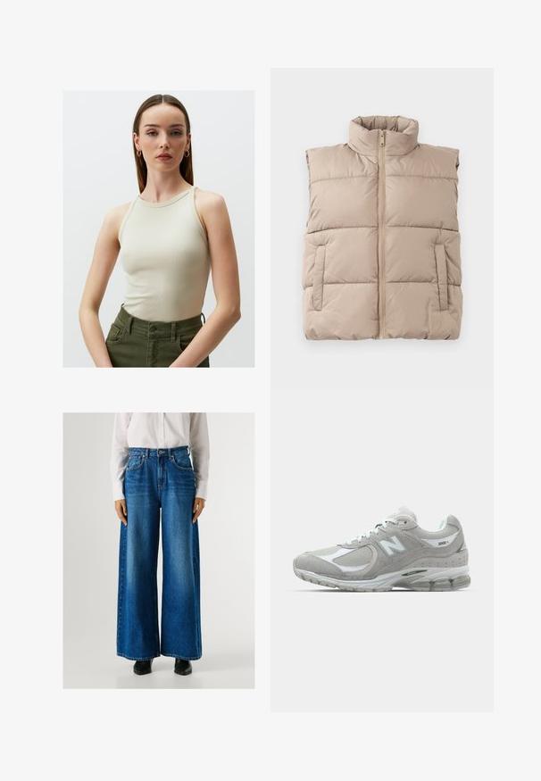 Beige gewatteerde mouwloze vest met hoge kraag, ritssluiting aan de voorkant en twee zijzakken, plat gelegd op een witte achtergrond.; Lichtbeige geribbelde tanktop met een hoge halslijn en smalle bandjes, gecombineerd met donkergroene high-waisted broek met zijzakken.; Blauwe wijde jeans met een hoge taille, gemaakt van denim, met voorzakken en een knoopsluiting. Soepele textuur met een klassieke wassing.; Lichtgrijze New Balance 2002R sneaker met een bovenwerk van suede en mesh, witte accenten, een gevoerde zool en zichtbare dempingstechnologie.
