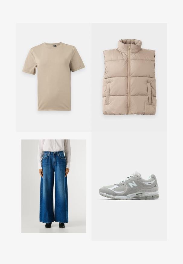 Pieskový vypchatý bezrúčkový vest s vysokým golierom, predným zipsom a dvoma bočnými vreckami, ležiaci na bielom pozadí.; Béžové tričko s krátkym rukávom vyrobené z mäkkého materiálu. Má okrúhly výstrih a jednoduchý dizajn bez vzorov alebo akcentov.; Modré nohavice s širokými nohavicami a vysokým pásom, vyrobené z denimu, s prednými vreckami a zapínaním na gombík. Hladká textura s klasickým praním.; Svetlo šedá teniska New Balance 2002R má zvršok z semišu a sieťoviny, biele akcenty, polstrovanú podrážku a viditeľnú technológiu tlmenia.