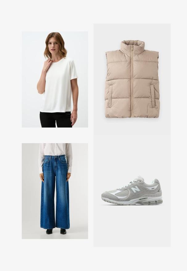 Beige gesteppte ärmellose Weste mit hohem Kragen, Frontreißverschluss und zwei Seitentaschen, flach auf einem weißen Hintergrund ausgelegt.; Weißes T-Shirt mit kurzen Ärmeln aus glattem Stoff und rundem Halsausschnitt. Einfaches Design, das eine lockere Passform und keine sichtbaren Muster aufweist.; Blaue Schlagjeans mit hoher Taille, aus Denim gefertigt, mit Fronttaschen und Knopfverschluss. Glatte Textur mit klassischer Waschung.; Die hellgraue New Balance 2002R Sneaker verfügt über ein Obermaterial aus Wildleder und Mesh, weiße Akzente, eine gepolsterte Sohle und sichtbare Dämpfungstechnologie.