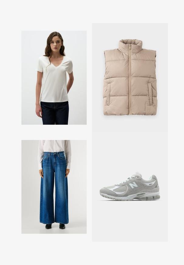 Gilet imbottito beige senza maniche con alto collo, zip frontale e due tasche laterali, posato su uno sfondo bianco.; T-shirt bianco a maniche corte con scollo a V, realizzato in tessuto morbido. Ha una vestibilità rilassata ed è abbinato a jeans in denim scuro.; Jeans a gamba larga blu con vita alta, realizzati in denim, dotati di tasche anteriori e chiusura con bottone. Texture liscia con un lavaggio classico.; Sneaker New Balance 2002R grigio chiaro presenta una tomaia in suede e mesh, dettagli bianchi, suola ammortizzata e tecnologia di ammortizzazione visibile.