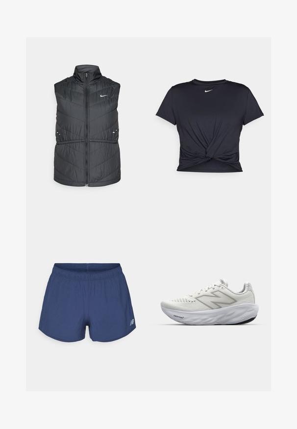 Chaleco acolchado negro con cuello alto y cremallera frontal. Presenta costuras en forma de cheurón y pequeños detalles reflectantes, con un logo de Nike en el pecho.; Camiseta atlética negra hecha de tela suave, con un diseño de nudo en la parte delantera y un pequeño logo blanco de Nike en el pecho.; Pantalones cortos deportivos de color azul marino con cintura elástica y pequeño logotipo de New Balance en la parte inferior izquierda.; Zapatillas deportivas blancas con parte superior de malla, que cuentan con un cuello acolchado, suela texturizada y la marca "Fresh Foam" en la entresuela.