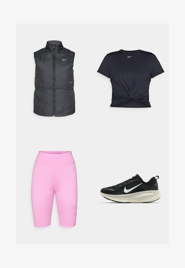 Černá prošívaná vesta s vysokým límcem a předním zipem. Má šikmé prošívání ve tvaru šipky a malé reflexní detaily, na hrudi je logo Nike.; Černé sportovní tričko vyrobené z hladkého materiálu, s uzlovým designem vpředu a malým bílým logem Nike na hrudi.; Růžové sportovní šortky vyrobené z elastického materiálu, s vysokým pasem a texturovanými horizontálními pruhy na dolních stranách.; Černá běžecká obuv Nike s prodyšným síťovaným svrškem, bílým logem swoosh, texturovanými detaily a krémovou mezipodešví ZoomX.