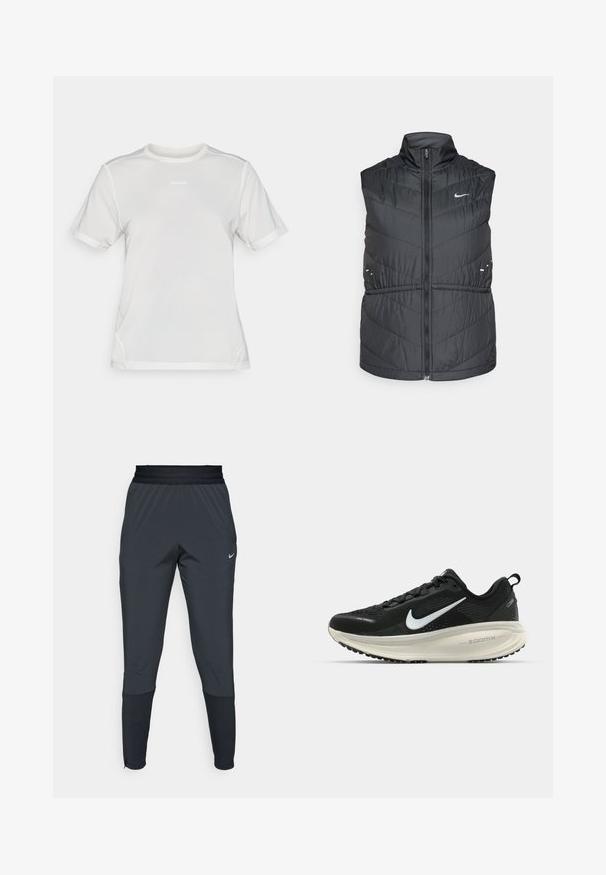 Černá prošívaná vesta s vysokým límcem a předním zipem. Má šikmé prošívání ve tvaru šipky a malé reflexní detaily, na hrudi je logo Nike.; Bílé sportovní triko s krátkým rukávem z prodyšné síťoviny s kulatým výstřihem a malým logem "Salomon" umístěným na hrudi.; Nike sportovní kalhoty v tmavě šedé barvě, s tapered nohavicemi, elastickým pasem a akcentními detaily poblíž manžet.; Černá běžecká obuv Nike s prodyšným síťovaným svrškem, bílým logem swoosh, texturovanými detaily a krémovou mezipodešví ZoomX.