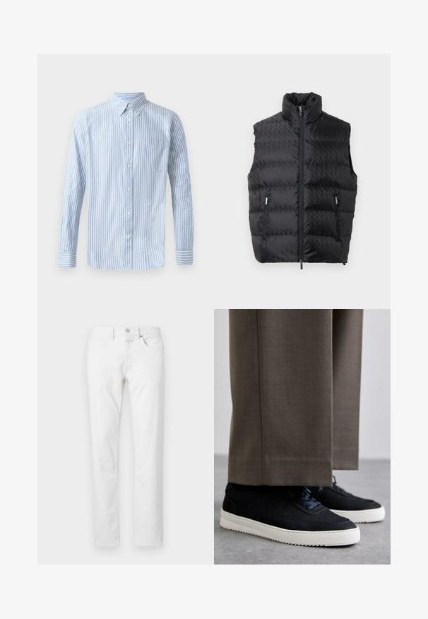 Črn podložen brezrokavnik z visokim ovratnikom, sprednjim zadrgo in dvema stranskima žepoma. Ponuja diskreten embosiran geometrijski vzorec na tkanini.; Svetlo modra srajca s gumbi in navpičnimi belimi črtami, dolgi rokavi ter žepom na prsih. Ima majhen logotip na spodnjem delu.; Bele straight-leg kavbojke iz denima, z petimi žepi, z gumbom za zapiranje in klasičnim krojem z minimalno teksturo.; Črne nubuk teniske z belimi gumijastimi podplati, ki imajo zaobljen nos in vezalke, oblečene z sivimi krojenimi hlačami.
