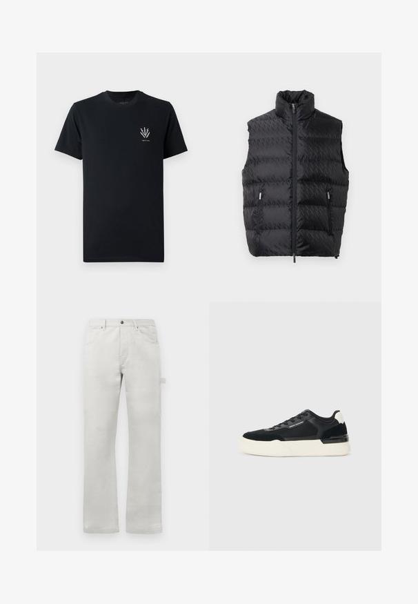 Svart vadderad väst med hög krage, dragkedja framtill och två sidofickor. Har ett subtilt präglat geometriskt mönster på tyget.; Svart bomull T-shirt med rund hals, korta ärmar och en liten grafisk bild av svärd i vitt på vänster bröstområde.; Ljusgrå byxor med rak passform, tillverkade av mjuk bomullstyg, med framfickor och en sidokjolficka.; Svarta sneakers gjorda av mesh och läder, med en tjock vit sula och kontrasterande detaljer. Snörning och logotypdetalj på sidan.