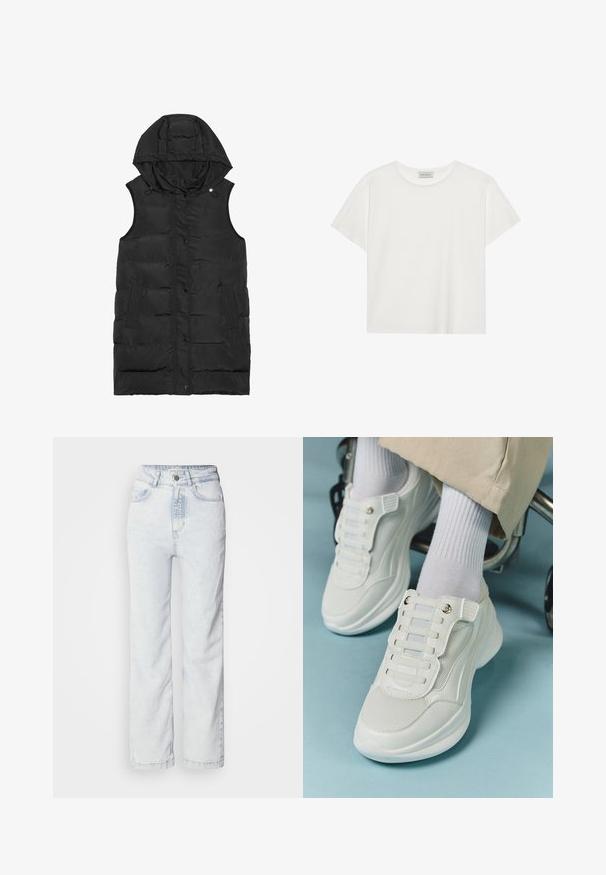 Gilet imbottito senza maniche nero con cappuccio, dotato di chiusura con bottoni a pressione, tasche laterali e texture a rombi orizzontali.; T-shirt bianco a maniche corte realizzato in morbido cotone. Presenta un collo rotondo e una vestibilità comoda. Design pulito senza modelli o dettagli visibili.; Jeans high-waisted di colore blu chiaro con vestibilità dritta, realizzati in denim. Presentano una chiusura con bottoni, un design a cinque tasche e una leggera texture sfumata.; Sneaker bianchi realizzati in materiale a rete, suola in gomma, design senza lacci con bande elastiche e dettagli in tonalità oro.