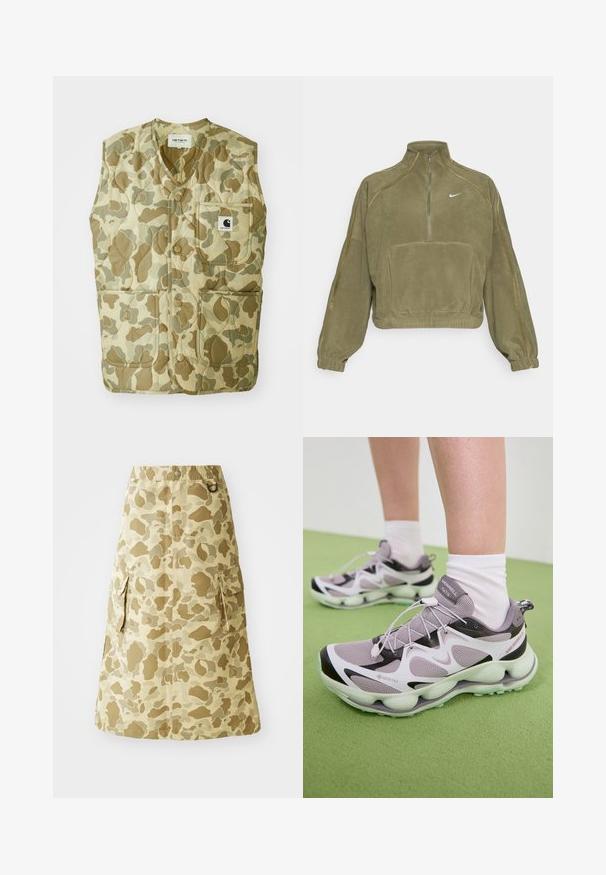 Camouflage-gepatroniseerde vest met een gewatteerd ontwerp, voorzien van een v-hals, vier zakken en een label met een logo. De materialen zijn duurzaam en lichtgewicht.; Olijfgroene fleece pullover jas met een halve rits, een zak aan de voorkant en het Nike-logo. Voorzien van elastische boorden en subtiele naadaccenten.; Khaki rok met een camouflagepatroon, gemaakt van een glad materiaal, met een elastische tailleband en twee zijzakken.; Lichtpaarse GORE-TEX sportschoenen met een gestructureerde mesh bovenkant, zwarte accenten en een geschulpt loopvlak. Voorzien van elastische veters en een gevoerde kraag.