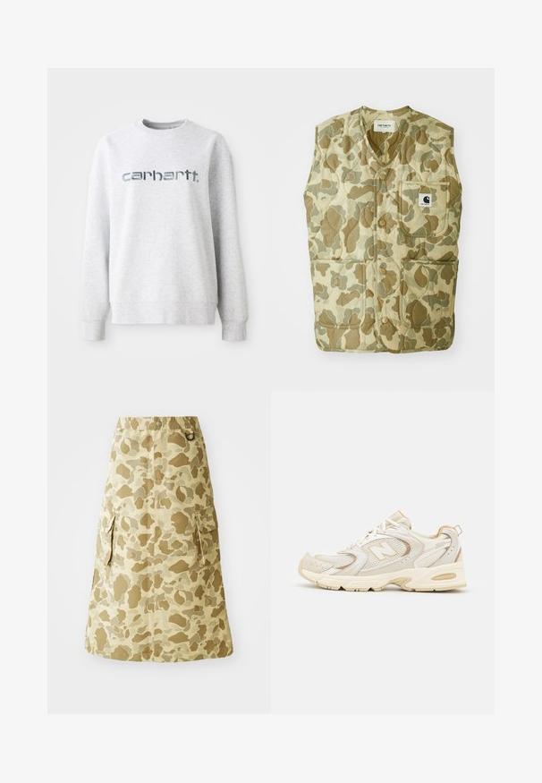 Kamuflasjemønstrete vest med quiltet design, med v-hals, fire lommer og en etikett med logo. Materialene er slitesterke og lette.; Grå bomullssweatshirt med rund hals, ribbestrikkede mansjetter og en stor, reflekterende "carhartt"-logo på forsiden.; Kaki skjørt med kamuflasjemønster, laget av et glatt materiale, med elastisk linning og to sidelommer.; Beige idrettssko med mesh og syntetiske dekninger, med en teksturert overflate, polstret krage og "ABZORB" demping i hælen.