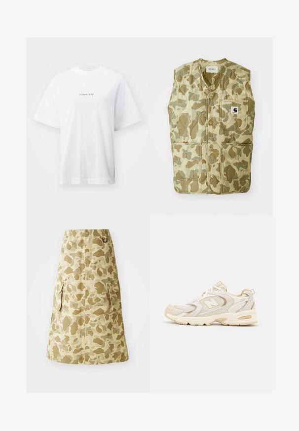 Kamuflasjemønstrete vest med quiltet design, med v-hals, fire lommer og en etikett med logo. Materialene er slitesterke og lette.; Hvit bomulls t-skjorte med avslappet passform, korte ermer, rund hals og en liten "Carhartt, WIP" logo i svart på fronten.; Kaki skjørt med kamuflasjemønster, laget av et glatt materiale, med elastisk linning og to sidelommer.; Beige idrettssko med mesh og syntetiske dekninger, med en teksturert overflate, polstret krage og "ABZORB" demping i hælen.