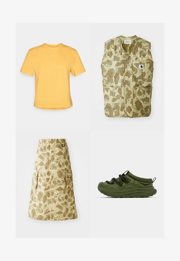 Kamufliažo rašto liemenė su siuvinėta dizainu, turinti v-kaklą, keturis kišenes ir etiketę su logotipu. Medžiagos yra patvarios ir lengvos.; Geltona trumpų rankovių marškinėliai su apykakle, pagaminti iš minkštos medžiagos. Yra subtilus logotipas krūtinėje ir tiesus apvadas.; Kakio sijonas su kamufliažo raštu, pagamintas iš lygaus audinio, su elastine juosta ir dviem šoniniais kišenėmis.; Žalios sportinės bateliai su tekstūruotu guminiu padu, elastingomis raišteliais ir lygiu audinio viršumi. Yra su apvaliu pirštu ir subtiliu logotipo detaliu.