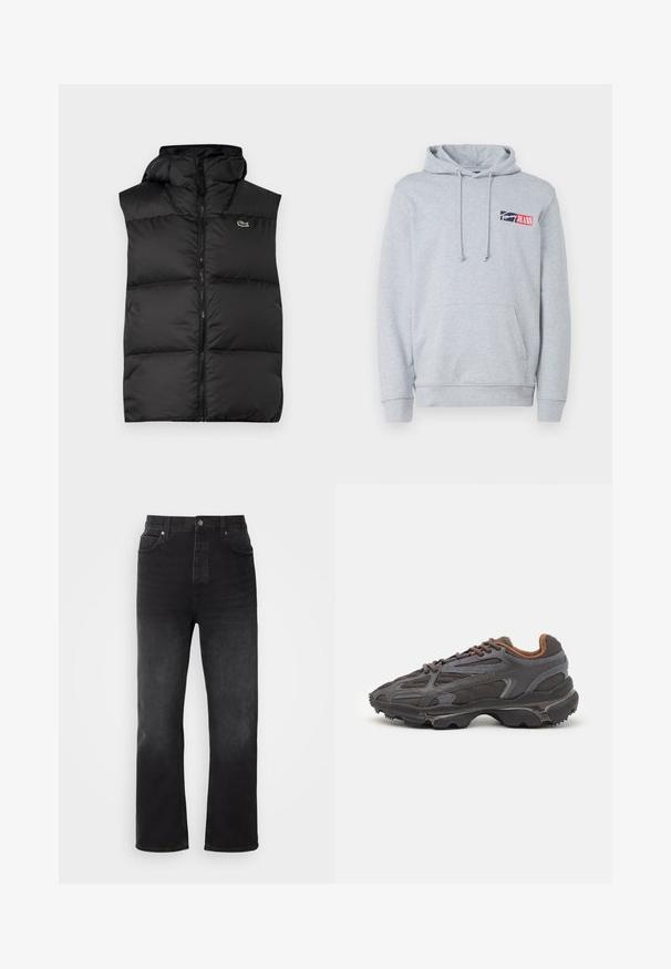 Gilet imbottito nero con cappuccio, dotato di zip centrale e piccolo logo. Realizzato in materiale lucido e isolante con un design trapuntato.; Felpa grigia con cappuccio realizzata in un mix di cotone. Presenta una tasca anteriore e un cordoncino, con un logo rosso e blu sul petto.; HUGO NATE - Jeans baggy - dark grey; Sneaker Lacoste grigie scure in materiale mesh e sintetico, con suola testurizzata e dettagli marroni sul colletto e sul branding.