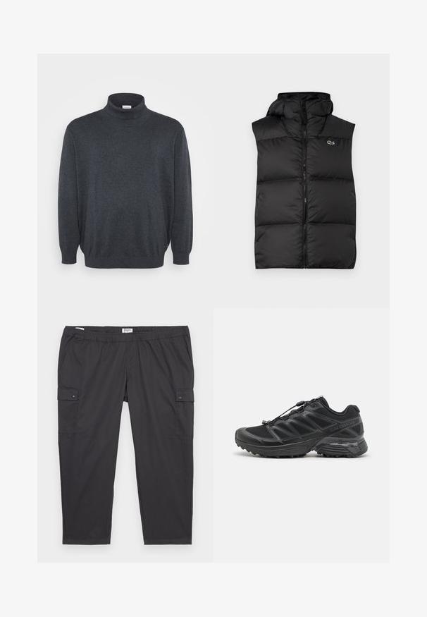 Schwarze Pufferweste mit Kapuze, ausgestattet mit einem zentralen Reißverschluss und einem kleinen Logo. Hergestellt aus glänzendem, isoliertem Material mit einem gesteppten Design.; Jack & Jones JJEBASIC ROLL NECK - Strickpullover - dark grey melange; Schwarze Cargo-Hosen mit einem elastischen Bund, seitlichen Taschen und Druckknopfdetails. Hergestellt aus leichtem, glattem Stoff.; Schwarzer Laufschuh mit Obermaterial aus Mesh und Synthetik, flexibler Sohle und elastischen Schnürsenkeln. Verfügt über eine gepolsterte Zwischensohle für zusätzlichen Komfort.