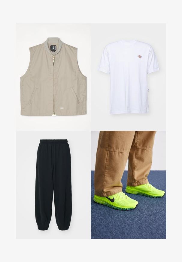 Colete bege sem mangas com gola canelada, fecho frontal com zíper, dois bolsos laterais e um patch de logotipo no lado inferior direito.; T-shirt branca de algodão com decote em V e mangas curtas. Apresenta um pequeno logotipo bordado colorido no lado esquerdo do peito. Textura macia.; Calças de fato de treino pretas, com cintura elástica e um corte solto, com punhos nas pernas, textura suave e sem padrões visíveis ou detalhes de metal.; Nike Sportswear AIR MAX 2013 - Sapatilhas - volt/black/cyber