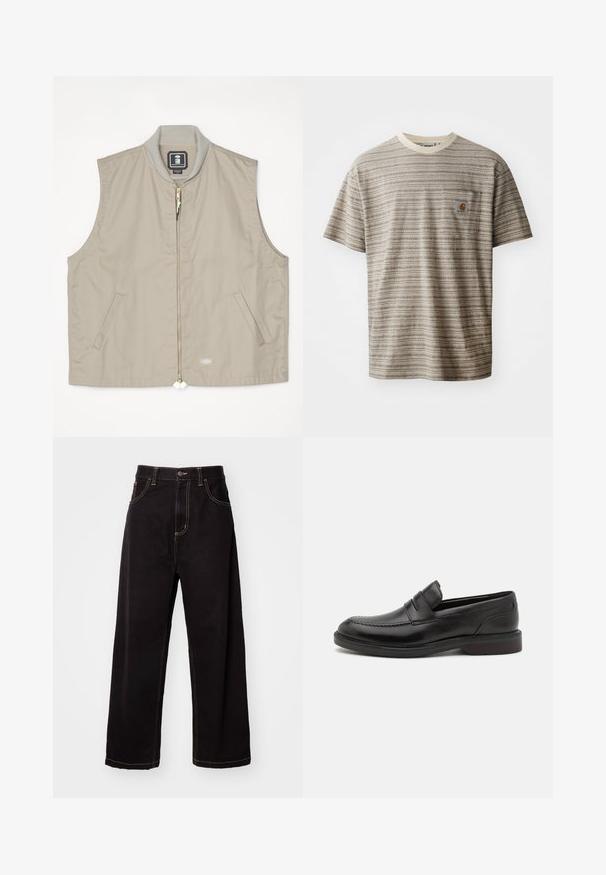 Gilet sans manches beige avec un col côtelé, fermeture éclair à l'avant, deux poches latérales et un patch logo en bas à droite.; T-shirt à manches courtes rayé en beige et marron, doté d'un col rond et d'une poche poitrine avec un écusson logo. Tissu texturé.; Pantalons en denim noir à jambes larges avec des coutures contrastantes, design à cinq poches et fermeture à bouton à l'avant. Texture lisse et tissu solide.; Mocassins en cuir noir avec un détail de couture à l'avant, deux sangles horizontales sur le dessus, et un talon en bois. Texture lisse et forme arrondie.