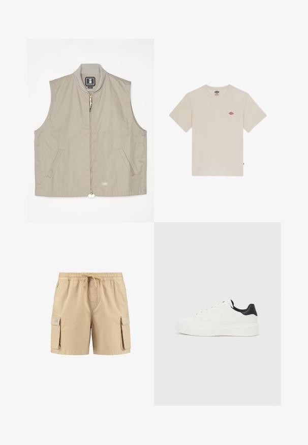 Beige mouwloos vest met een geribbelde kraag, een rits aan de voorkant, twee zijzakken en een logopatch aan de onderzijde rechts.; Crème-kleurige katoenen t-shirt met korte mouwen, ronde hals en een klein meerkleurig geborduurd logo op de borst.; Beige cargoshorts met elastische tailleband, trekkoord en twee zijzakken, met een gladde textuur en minimale stikseldetails.; Witte leren sneaker met een reliëfpatroon, textuur van de witte tussenzool en een zwarte hielaccent. Heeft een ronde neus en platte veters.