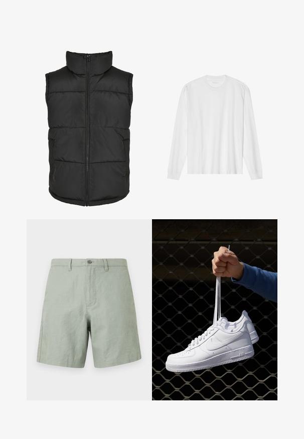 Čierna vypchávkovaná vesta s vysokým golierom, predným zipsom a bez rukávov. Obsahuje prešívané sekcie a bočné vrecká pre praktickosť.; Dlhý rukáv, biela bavlnená tričko s okrúhlym výstrihom a rebrovanými manžetami. Jednoduchý, bezvýzdobový dizajn s hladkou textúrou a štandardným strihom.; Svetlozelené ľanové šortky s plochým predným dielom, jedným gombíkom na zapínanie a bočnými vreckami. Plochý lem s minimálnymi švovými detailmi.; Biele kožené tenisky s perforáciami, okrúhlou špičkou, plochou podrážkou a hrubými šnúrkami, pričom majú viditeľné logo swoosh a nápis "AIR" na päte.