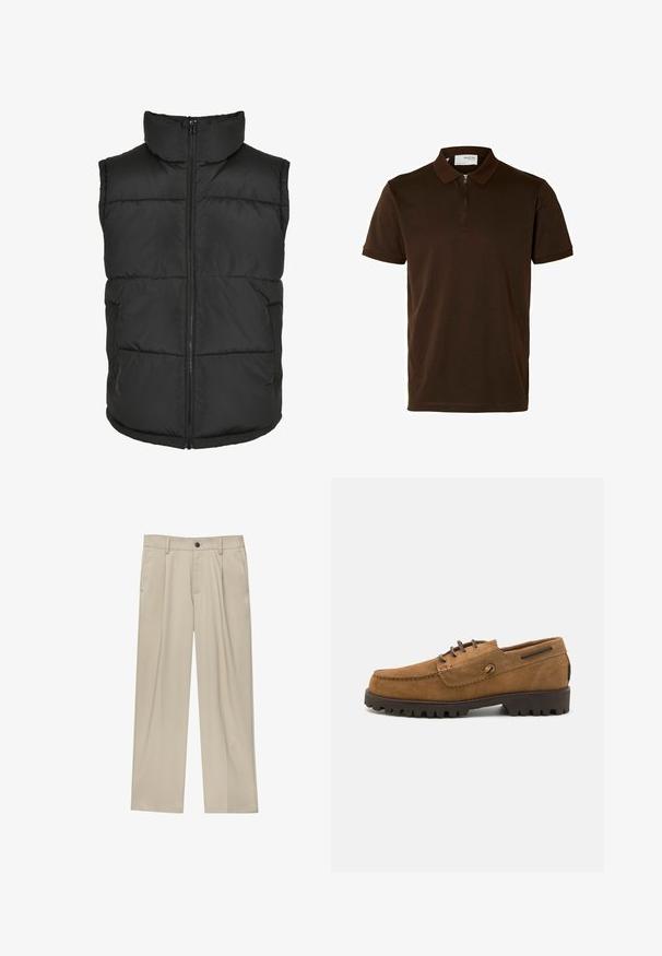 Črna podložena brezrokavnik z visokim ovratnikom, sprednjim zadrgo in brez rokavov. Ima kviltane dele in stranske žepe za praktičnost.; Rjava polo majica iz gladkega materiala, z ovratnikom na zadrgo, kratkimi rokavi in prilegajočim krojem. Brez vidnih vzorcev ali poudarkov.; Bež hlače ravnega kroja, z enim črnim gumbom, zanke za pas in stranskimi žepi. Gladka tekstura tkanine in minimalističen dizajn.; Rjavi semiš čevlji z zaobljenim nosom, kontrastnimi šivi in teksturiranimi gumijastimi podplati z globokimi utori za oprijem.