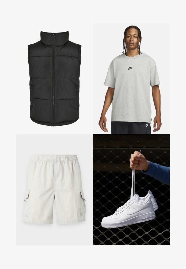 Gilet imbottito nero con alto colletto, cerniera frontale e senza maniche. Presenta sezioni trapuntate e tasche laterali per la praticità.; Giovane con capelli intrecciati che indossa una maglietta Nike grigia chiara e pantaloni Nike neri su uno sfondo bianco semplice.; Pantaloni cargo grigio chiaro con vita elastica, dotati di due tasche laterali e un logo discreto sulla tasca sinistra.; Sneakers in pelle bianca con perforazioni, punta rotonda, suola piatta e lacci spessi, con logo swoosh visibile e "AIR" sul tallone.