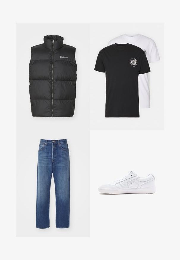 Črn pufast brezrokavnik z visokim ovratnikom in sprednjim zadrgo. Narejen iz gladkega, lahkega materiala. Ima vodoravne prešite sekcije.; Pakiranje dveh majic: ena črna, ena bela. Obe imata kratke rokave in okroglo logo na prsih v kontrastni barvi. Material: bombaž.; Temno modri kavbojki z ravnim krojem, ki imajo sprednje gumbasto zapiranje, pet žepov in lahke madeže bledenja na tkanini.; Bele usnjene superge z nizkim dizajnom, okroglo konico, perforiranimi detajli in teksturiranim podplatom. Vključene so vezalke in subtilni šivi.