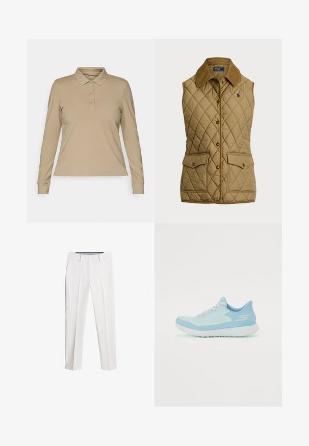 Gilet trapuntato beige con colletto in corduroy, bottoni a pressione frontali e due ampie tasche con patta. Presenta il logo Polo in blu.; Polo a maniche lunghe beige in tessuto liscio, con colletto e pattina con tre bottoni, polsini aderenti e orlo dritto.; Pantaloni bianchi realizzati in tessuto liscio, con design a gamba dritta, tasche frontali e chiusura con bottone, arricchiti da pieghe sottili.; Scarpa da ginnastica azzurro chiaro con tomaia in rete, punta arrotondata, suola ammortizzata e accenti riflettenti. Presenta lacci e un tallone di supporto.