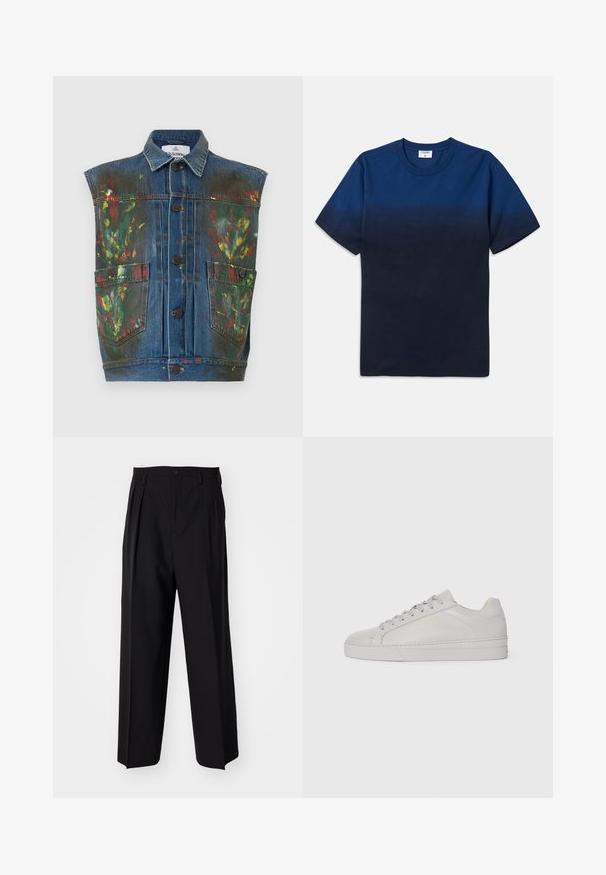 Vivienne Westwood MARLENE VEST UNISEX - Liemenė - blue/multi coloured; Tamsiai mėlynas medvilninis marškinėliai su apvalia iškirpte, trumpomis rankovėmis ir subtiliu gradientiniu dizainu, pereinančiu nuo šviesesnių atspalvių prie tamsesnių.; Juodi klostuoti kelnių, su tiesiu, plačiu kojų dizainu. Pagaminti iš lygios medžiagos, su mygtukų uždarymu ir diržo kilputėmis.; Šviesiai pilka odinė sportinė avalynė su lygiu paviršiumi, apvaliu pirštu, plokščiomis guminėmis padangomis ir toniniais raišteliais. Pasižymi minimalia auksine ženklinimo informacija.