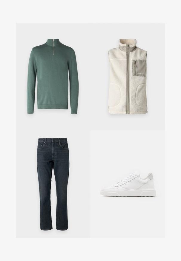 Fleece veste krēmkrāsā ar augstu apkakli, priekšējo rāvējslēdzēju un pelēku krūšu kabatu ar rāvējslēdzēju un logotipu. Struktūrēts, silts materiāls.; Only & Sons ONSALEX HALF ZIP - Džemperis - chinois green; Tumši zila džinsu auduma bikses ar taisnu piegriezumu, piecu kabatu dizainu un pogu aizdari. Iezīmē atšķirīgu izbalēšanu un kontrastējošu diegu šuvumu.; Baltie ādas sporta apavi ar gludu virsmu, noapaļotu purngalu, plakaniem šņorēm un reljefa zoli. Pelēks zamšādas akcenti pie papēža.