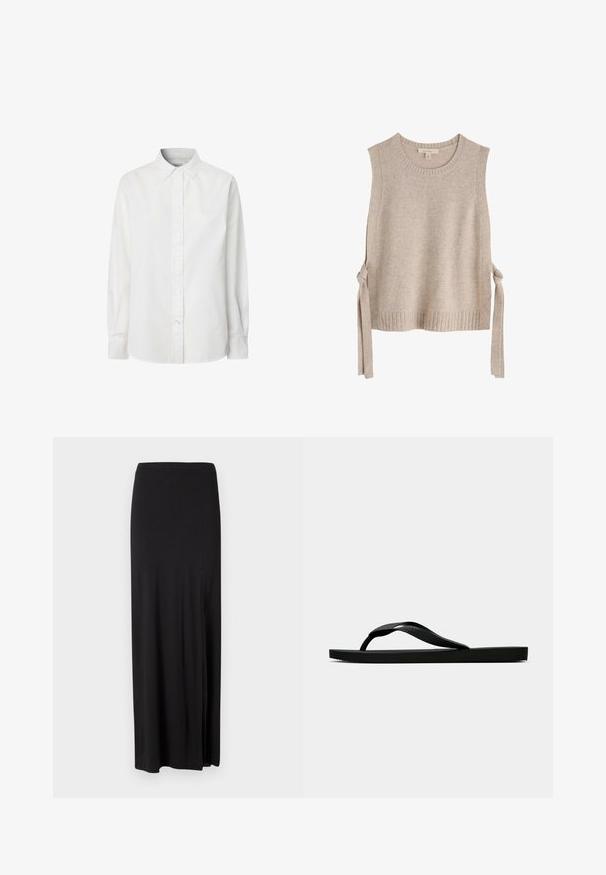 Beige strikket ærmeløs top med rund halsudskæring, ribbedekanter og snore i begge sider. Blød tekstur med minimalistisk design.; Beige strikket sweater med lange ærmer, rund halsudskæring og blød tekstur. Kombineret med mørke denim jeans og holder en sort læder clutch.; Hvid langærmet skjorte med knapper lavet af bomuld, med en klassisk krave, knaplukning og en let buet bund.; Sort maxi nederdel lavet af blødt, strækbart materiale. Har et sideslids og et enkelt, strømlinet design uden udsmykninger.; Sorte gummiflip-flopsandaler med en tekstureret rem og simpel flad sål, vist fra siden på en lys ensfarvet baggrund.