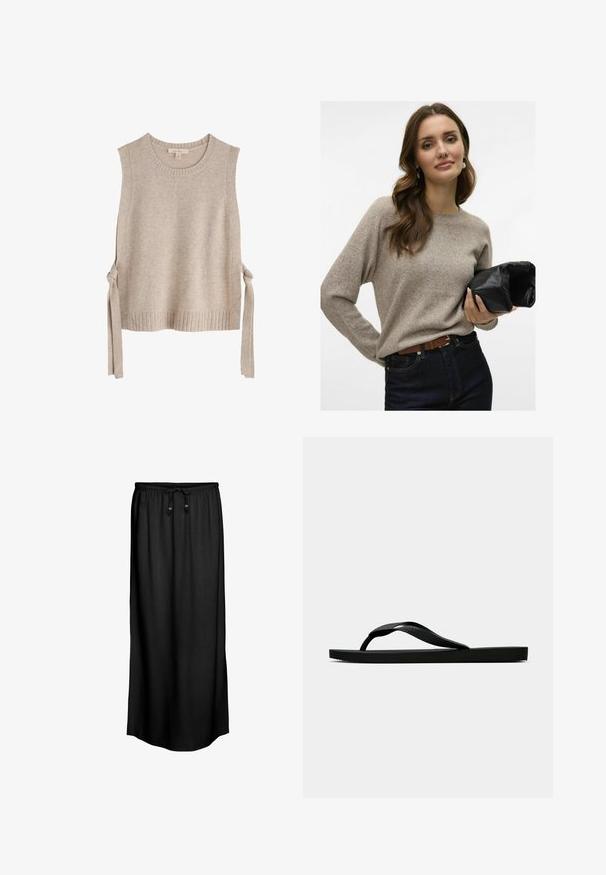 Top senza maniche a maglia beige con scollatura rotonda, orlo a coste e lacci su entrambi i lati. Tessuto morbido con design minimalista.; Maglione beige lavorato a maglia con maniche lunghe, scollatura rotonda e texture morbida. Abbinato a jeans in denim scuro e con in mano una pochette in pelle nera.; Gonna maxi nera con cintura regolabile e due fibbie in legno, realizzata in un tessuto liscio e leggero, con un design semplice e dritto.; Infradito in gomma nera con cinturino testurizzato e suola piatta semplice, mostrati di lato su uno sfondo chiaro e uniforme.