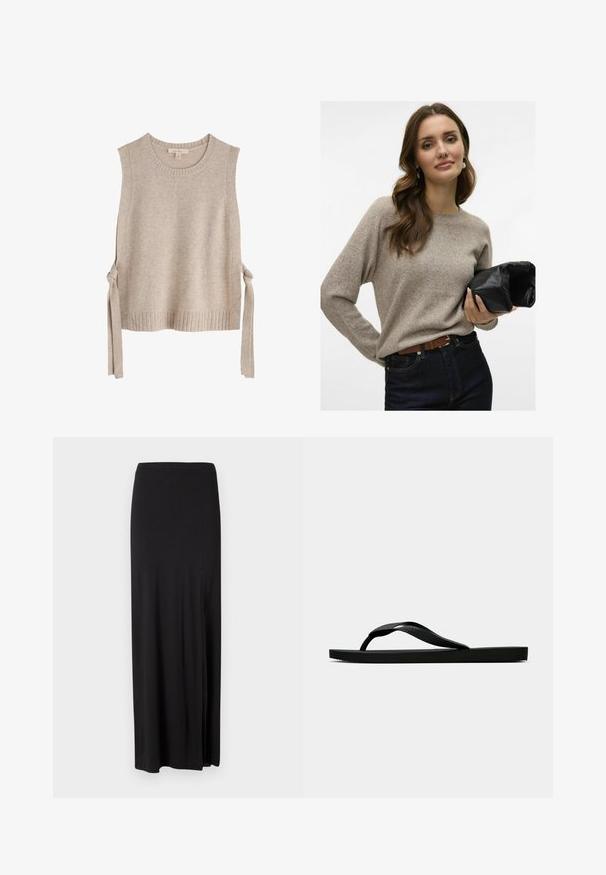 Bež pleteni bezrukavac s okruglim izrezom, rebrastim rubom i vezicama sa svake strane. Mekana tekstura s minimalističkim dizajnom.; Bež pleteni pulover s dugim rukavima, okruglim izrezom i mekim teksturom. Uparen s tamnim trapericama i drži crnu kožnu torbicu.; Crna maksi suknja od mekog, rastezljivog materijala. Ima bočni prorez i jednostavan, elegantan dizajn bez ukrasa.; Crne gumene japanke s teksturiranim remenom i jednostavnom ravnom potplatom, prikazane s strane na jednostavnoj svijetloj pozadini.
