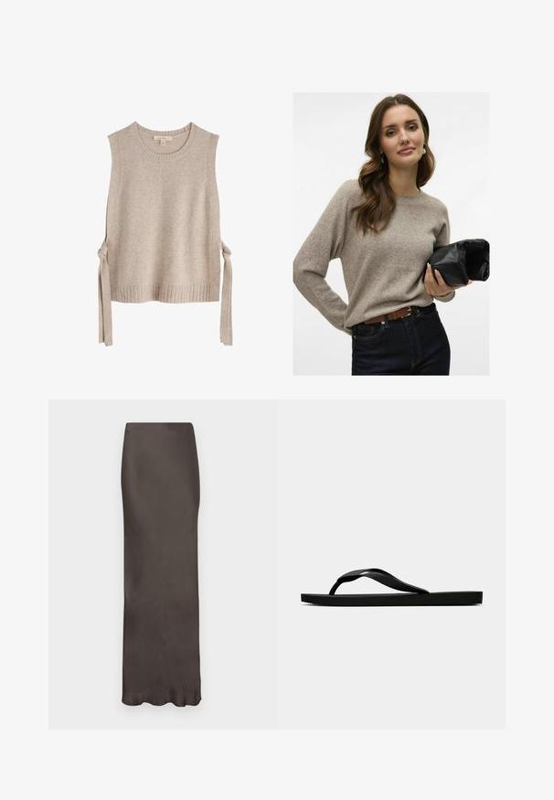 Beżowy dzianinowy top bez rękawów z okrągłym dekoltem, żebrowanym wykończeniem i sznurkami po obu stronach. Miękka tekstura i minimalistyka w designie.; Beżowy sweter dzianinowy z długimi rękawami, okrągłym dekoltem i miękką teksturą. W zestawie z ciemnoniebieskimi dżinsami i trzymany czarny skórzany kopertówka.; Brązowa satynowa spódnica do ziemi o dopasowanym kroju i gładkiej fakturze. Posiada subtelny połysk i brak widocznych wzorów lub ozdób.; Czarne gumowe klapki z teksturowanym paskiem i prostą płaską podeszwą, przedstawione z boku na jasnym jednolitym tle.