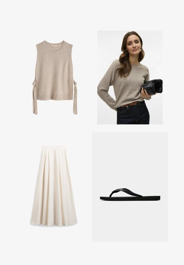 Bežinis megztas be rankovių trikotažas su apvaliu iškirpimu, raišteliais iš abiejų pusių ir raukšlėta apačia. Minkšta tekstūra ir minimalistinis dizainas.; Šviesiai rudas megztinis su ilgomis rankovėmis, apvaliu iškirpimu ir švelniu tekstūru. Stilius derinamas su tamsiomis džinsomis ir juodu odiniu rankinuku.; Kreminės spalvos A formos sijonas, pagamintas iš švelnaus audinio, su klostėmis ir plačiu juosmeniu, suteikiančiu sklandų siluetą.; Juodas gumos šlepetės tipo sandalai su tekstūruota dirželiu ir paprastu plokščiu padu, rodomi iš šono ant vientiso šviesaus fono.