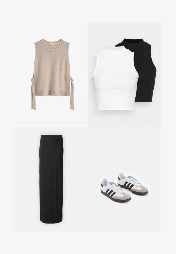Beige strikket ærmeløs top med rund halsudskæring, ribbedekanter og snore i begge sider. Blød tekstur med minimalistisk design.; To kjoleløse ribbede turtleneck-toppe i sort og hvid, med en tætsiddende design og glat tekstur, samt cropped længde.; Sort, gulvlængde nederdel lavet af blødt, strækbart stof med en tætsiddende talje. Enkel, glat design uden mønstre eller pyntegenstande.; Sportsko med en overdel i hvid læder, grå ruskind på tåen og tre sorte striber. Har et blåt logo på tungen og en struktureret gummisål.