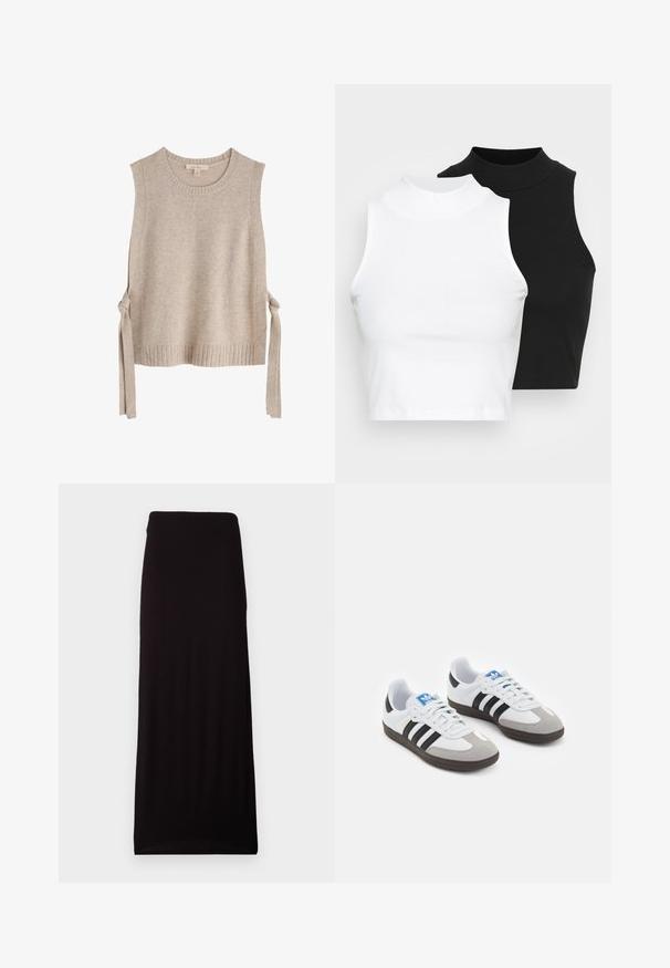 Bežinis megztas be rankovių trikotažas su apvaliu iškirpimu, raišteliais iš abiejų pusių ir raukšlėta apačia. Minkšta tekstūra ir minimalistinis dizainas.; Du pirštu riboti be rankovių golfo marškiniai juodos ir baltos spalvų, pasižymintys prigludusia forma ir lygia tekstūra, trumpu ilgiu.; Gina Tricot SOFT TOUCH MAXI SKIRT - Maksi sijonas - black; Sportiniai batai su balta odine viršutine dalimi, pilku zomšiniu priekiu ir trimis juodomis juostelėmis. Ant liežuvio yra mėlynas logotipas, o padas pagamintas iš tekstūruoto gumos.