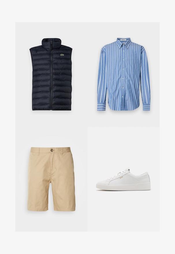 Navy puffer vest with high collar, front zipper, and horizontal quilted pattern. Features a small green logo on the upper left side.; Blue striped long-sleeve shirt features vertical white stripes, button-down collar, and a single chest pocket. Soft cotton material.; Scotch & Soda STUART - Shorts - seastone; BOSS BELWAR - Trainers - white
