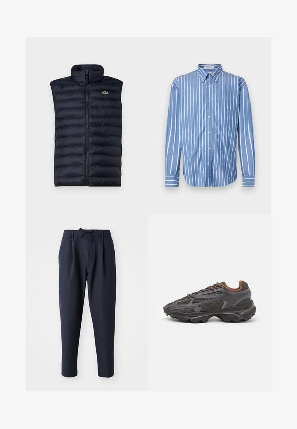 Marine blauwe gewatteerde vest met hoge kraag, ondoorzichtige rits aan de voorkant en horizontaal gestikt patroon. Heeft een klein groen logo aan de bovenkant van de linkerkant.; Blauw gestreepte lange mouwen shirt met verticale witte strepen, een button-down kraag en een enkele borstzak. Zacht katoenen materiaal.; Marineblauwe broek met een elastische tailleband, trekkoorddetail, taps toelopend ontwerp, gladde textuur en zijzakken.; Lacoste sneakers in donkergrijs van mesh en synthetisch materiaal, met een gestructureerde zool en bruine accenten op de kraag en branding.